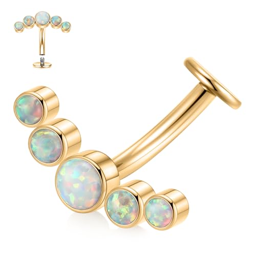 G23 Titanium Belly Jewelry 14G Flat Bottom Floating Belly Button Rings Curved Belly Barbell Navel Ring Belly Piercing 8/10/12/14mm Navel Rings Belly Piercings Jewelry for Women - color: Style5:Gold,5 Round White Opal