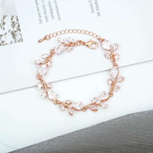 CSY Elegant Bridal Jewelry Sets Clear Cubic Zirconia Wedding Necklace Earrings Bracelet Set for Birdes Bridesmaids CZ Prom Jewelry - color: Rose Gold-Necklace Earrings Bracelet
