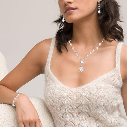 CAVETEE Jewelry Set - Prom Jewelry Crystal Bridal Necklace, Bracelet & Pendant Earring Jewelry Set for Women - style: Rhombic crystal