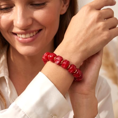 Chunky Beaded Bracelet for Women-Boho Bold Acrylic Resin Stretch Bracelets Trendy Summer Beach Elastic Bangle Vacation Jewelry Accessories - color: Style 1-Red