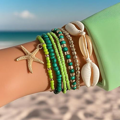 Bohemian Starfish Bracelets for Women - Adjustable Stackable Beach Bracelets, Handmade Stretchy Beaded Summer Jewelry, Perfect for Surf & Waterproof Fun - color: Green