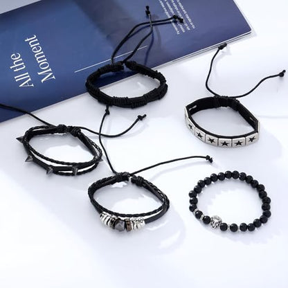 Braided Faux Leather Bracelet Punk Cuff Wrap Bracelets for Men Women Skull,Star,Bull bracelets - color: A2:5PCS
