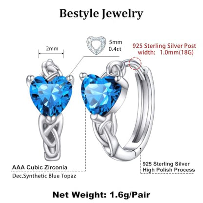 Bestyle 925 Sterling Silver Huggie Hoop Earrings Small Birthstone Hoop Earrings for Women Hypoallergenic Silver Huggie Earring,Great Birthday Earrings Gift for Daughter Wife Mom - color: 12-Blue Topaz-Hoop