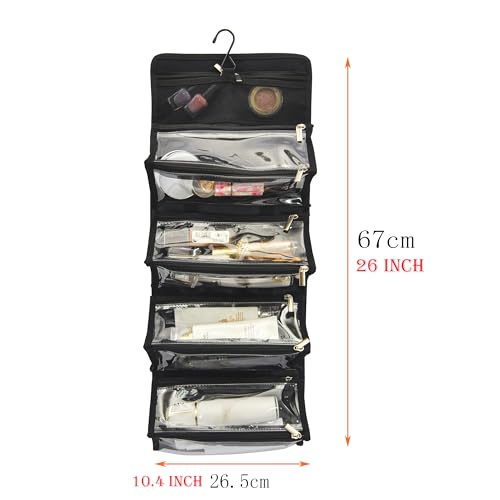 Large Capacity Hanging Eco Polyester Travel Toiletry Bag Makeup Cosmetic Bag 4-in-1 Roll-Up Make Up Storage Organizer With 4 detachable Removable Zipper Clear TPU Pouches & Hook