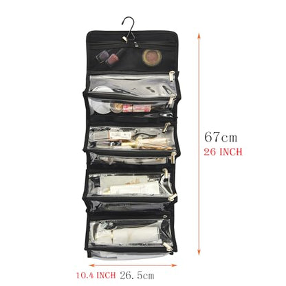 Large Capacity Hanging Eco Polyester Travel Toiletry Bag Makeup Cosmetic Bag 4-in-1 Roll-Up Make Up Storage Organizer With 4 detachable Removable Zipper Clear TPU Pouches & Hook