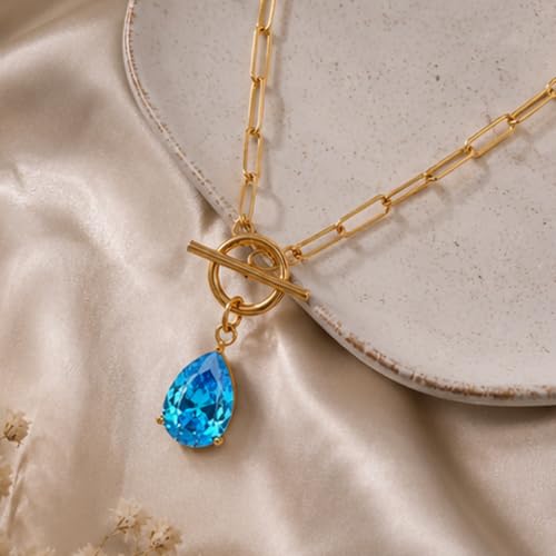 Teardrop CZ Pendant Paperclip Chain Necklace 18K Plated Paperclip Toggle Necklace Jewelry Birthstone Gift for Women - color: Sapphire-September