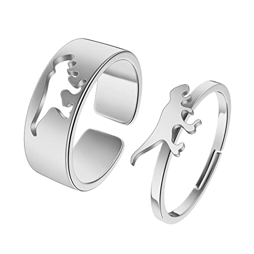 2PCS Matching Cute Animals Promise Engagement Rings for Couples Men Women Jewelry Band Sets 316L Stainless Steel Adjustable Open Ring - color: Dinosaur-s