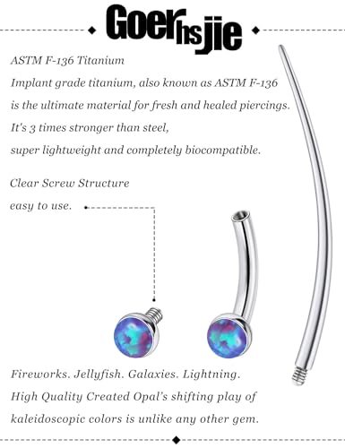 F136 Titanium 16g 6/8/10mm Opal Eyebrow/Rook/Snug/Vertical-Labret/VCH/Snake-Eyes/Anti-Tragus/Christina/Daith/Belly-Button/Bridge/Hood/Surface Curved Barbell Piercing Jewelry for Women Men - color: Purple, size: 6mm=1/4in