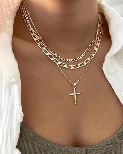 Gold Layered Necklaces for Women Chunky Layered Gold Necklaces Stacked Paperclip Chain Pearl Necklace Herringbone Toggle Clasp Choker Trendy Statement Jewelry Gifts - color: A5:gold layered necklace