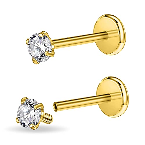 PunkTracker 16g/18g Surgical Steel Internal Thread CZ Stud Piercing Jewelry | for Tragus/Nose/Helix/Conch/Medusa/Lip/Labret - Helix Tragus Cartilage Earring for Women Men 2PCS - style: gold, 16g, 6mm bar, 4mm gem