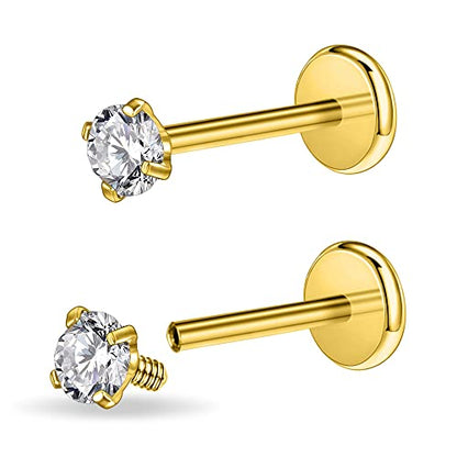 PunkTracker 16g/18g Surgical Steel Internal Thread CZ Stud Piercing Jewelry | for Tragus/Nose/Helix/Conch/Medusa/Lip/Labret - Helix Tragus Cartilage Earring for Women Men 2PCS - style: gold, 16g, 6mm bar, 4mm gem