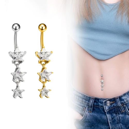 14G Surgical Steel Star Dangle Belly Button Rings for Women Sparkling Cubic Zirconia Crystal Star Belly Navel Curved Barbell Ring Navel Piercing Jewelry - color: Gold