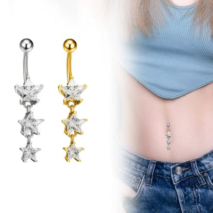 14G Surgical Steel Star Dangle Belly Button Rings for Women Sparkling Cubic Zirconia Crystal Star Belly Navel Curved Barbell Ring Navel Piercing Jewelry - color: Silver