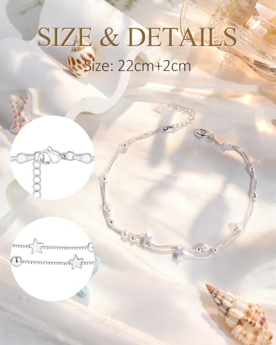 Silver Ankle Bracelets for Women, Butterfly/Stars Cute Charm Anklet, 14K Gold Plated Layered Chain Anklets for Women Teen Girls - style: Star