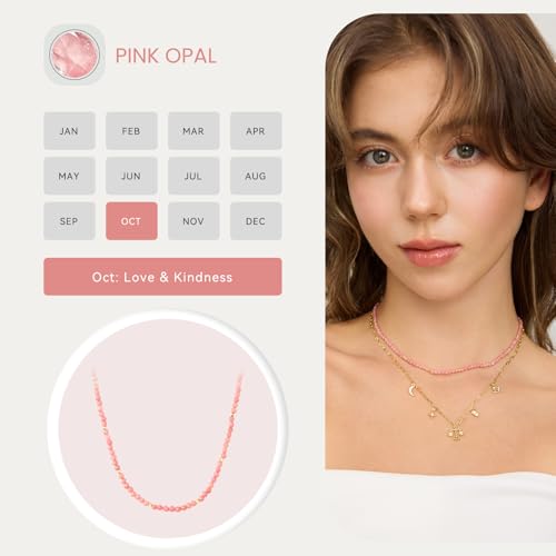 ARSIS Genuine Beaded Gemstone Necklace for Women, Colorful Natural Stone Handmade Bead Choker, Personalized Birthstone Necklace, Boho Summer Beach Necklace Layering Stackable Jewelry Gift - color: Pink Opal (October)