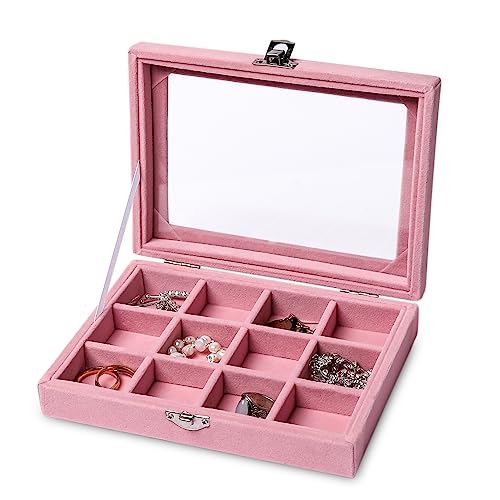 Tiny 12 Grid Earring Organizer Tray, Velvet Jewelry Box with Lid | Jewelry Tray With Lid,Adjuatable Dividers,Velvet Lining,Earring Organizer Box, Display Case,Drawer Insert,Gift For Women - color: Pink, size: 12 Grid