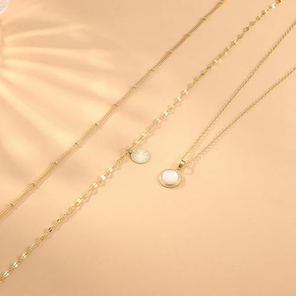 Kakonia Layered Gold Necklaces for Women, 3-Piece Gold Necklace Stack | 14K gold plated pendant necklace set, 3 dainty gold chains, trendy jewelry for women, ideal for weddings, proms or gifting - style: White Round Pendant