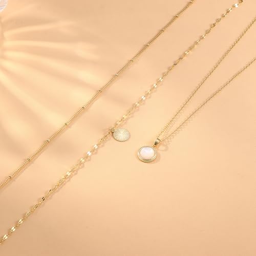 Kakonia Layered Gold Necklaces for Women, 3-Piece Gold Necklace Stack | 14K gold plated pendant necklace set, 3 dainty gold chains, trendy jewelry for women, ideal for weddings, proms or gifting - style: White Round Pendant