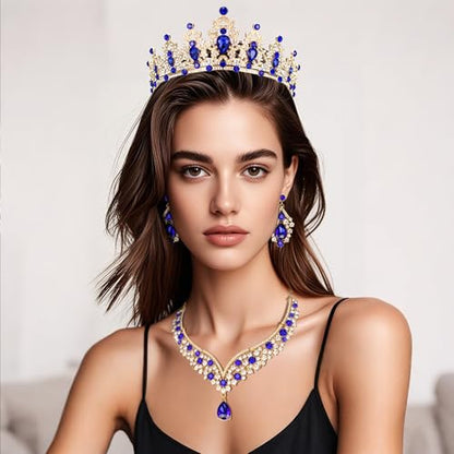 Crowns and Tiaras jewelry sets for Wedding princess birthday party Halloween Prom Pageant Jewelry for Women Crystal Bridal Jewelry Set for women - color: Gold Blue