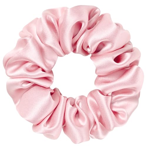 Silk Scrunchie 1.4" Medium Wide 6A 22 Momme 100% Mulberry Silk Hair Ties,Gentle on Hair No Damage No Crease for Women Girls Curly Thick Wavy Hair,Sample Fabric Provided (1, Pink) - color: Pink