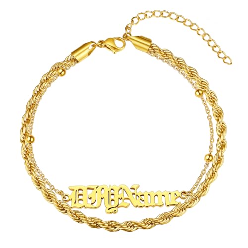 ChainsHouse Double Layer Anklet Bracelet for Women,Adjustable Chain Anklets Stackable Dainty Anklets,Stainless Steel/Gold Plated/Black Ankle Jewelry Gifts - color: B-Gold Plated-Rope Chain