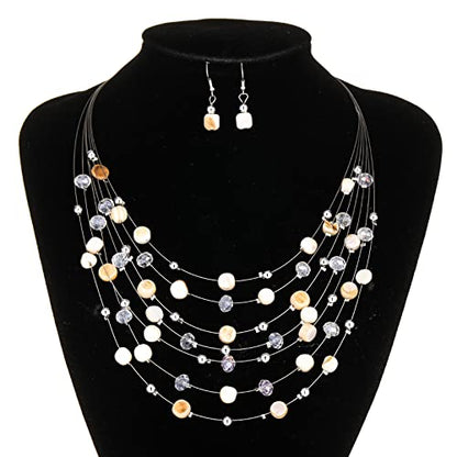 Multi-Layer Boho Shell Beaded Necklace for Women Colorful Crystal Strand with Silver Beads Statement Collars Necklace and Earrings Costumes Jewelry Sets for Women - color: Natural