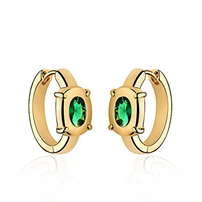 Huggie Hoop Earrings 14K Gold Plated Cubic Zirconia Dainty Simple Cute Beads Elegant CZ Circle Small Hoop Earring for Women Minimalist Handmade Hypoallergenic Jewelry - color: CZ-Oval Green