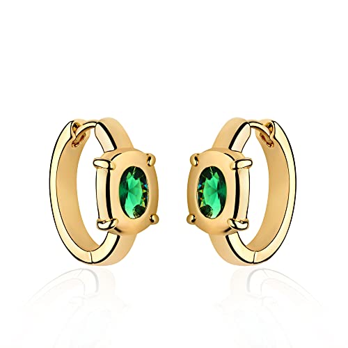 Huggie Hoop Earrings 14K Gold Plated Cubic Zirconia Dainty Simple Cute Beads Elegant CZ Circle Small Hoop Earring for Women Minimalist Handmade Hypoallergenic Jewelry - color: CZ-Oval Green