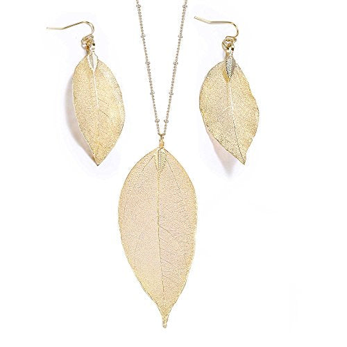 Filigree Long Leaf Pendant Dangle Necklace and Earring Jewelry Set | Beautiful Fashion Delicate Long Leaf Necklace Earrings For Women Trendy Boho - color: A-14K Gold Jewelry Set