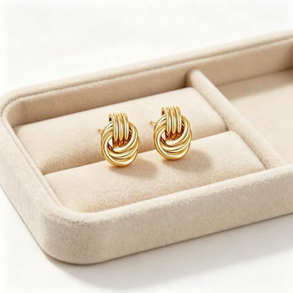 Gold Statement Earrings For Women, 14K Gold Plated Textured Geometric Drop Earrings - Hypoallergenic Stainless Steel Statement Earrings for Women, Waterproof Fan-Shaped Dangle Earrings for Beach & Daily Wear - color: Knot Gold YE03GL