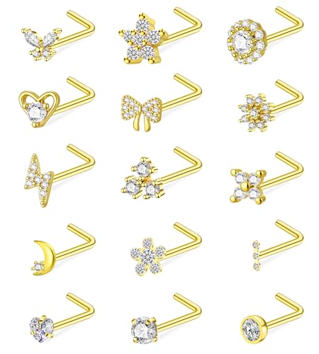 Gold L Shaped Corkscrew Nose Rings for Women 20G Nose Piercings Heart Butterfly Flower Bow Moon Nose Studs Stainless Steel Nose Piercing Jewelry - color: Gold Tone L Shaped