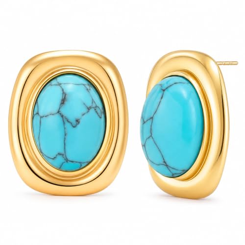 Chunky Gold Stud Earrings for Women 18K Gold Plated Hypoallergenic Chunky Statement Earrings Big Natural Crystal Stone Earring Gift for Women - color: Turquoise