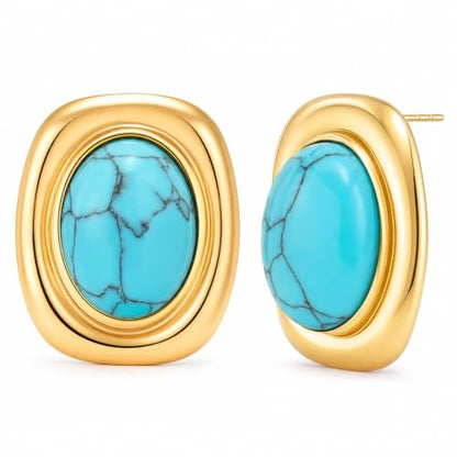 Chunky Gold Stud Earrings for Women 18K Gold Plated Hypoallergenic Chunky Statement Earrings Big Natural Crystal Stone Earring Gift for Women - color: Turquoise