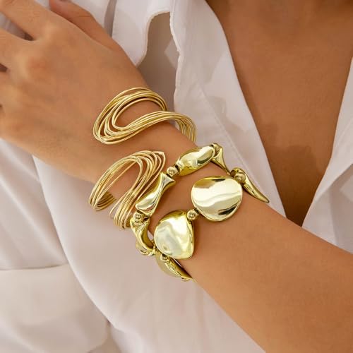 14K Gold Plated 4Pcs Layered Bracelet Set for Women Matte Textured Tassel Cuff Bangle Boho Vintage Adjustable Stackable Fashion Accessories
