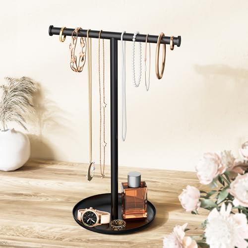 Necklace Organizer Stand with Storage Tray, T-Shaped Jewelry Holder. | 12.6" Tall, Stand for Bracelets, Earrings, Rings | Stylish Home & Vanity Décor for Women, Black. - color: Black