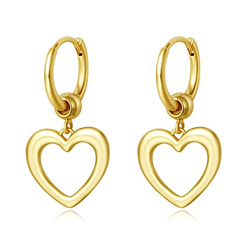 DAILY VIBES Cute Gold Mini Dangle Huggie Hoop Earrings for Women Trendy | 14K Gold Plated, Dainty Cubic Zirconia, Small Hoop Earrings with Charm Drop, Jewelry Gift for Women Ladies - color: Hollow Heart B