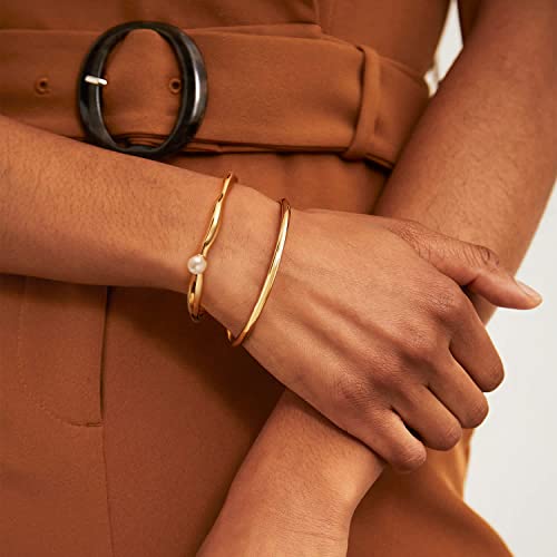 PERNNLA PEARL Dainty Gold Bar Bracelet for Women Simple Delicate Thin Cuff Bangle Hook Bracelet 18K Gold Plated Handmade Minimalist Jewelry - color: 7.Wave