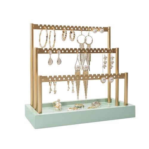 SANY DAYO HOME 3-Tier Earring Holder Organizer Stand, 105 Holes Gold Metal Earring Rack Jewelry Display Tree with Sage Green Wood Tray for Women and Girls - color: Gold Rack Green Base