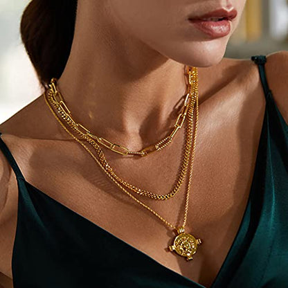 FRUMOS Dainty Layered Choker Necklace 18k gold Plated Y Pendant Commemorative coin Necklace Multilayer Bar Disc Necklace Adjustable Layering Choker Necklaces fashion jewelry for Women Girls - color: Paper clip necklace