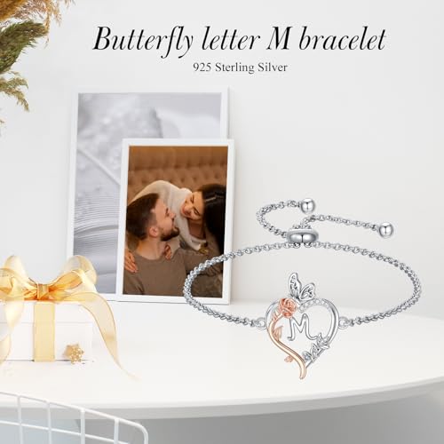 TOUPOP Gifts for Women Rose Heart Initial Bracelet 925 Sterling Silver Butterfly Letter Link Bracelet Love Jewelry Anniversary Birthday Gifts for Wife Girlfriend Mom Her - style: Initial M