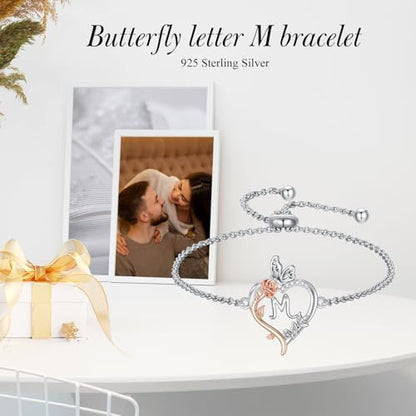 TOUPOP Gifts for Women Rose Heart Initial Bracelet 925 Sterling Silver Butterfly Letter Link Bracelet Love Jewelry Anniversary Birthday Gifts for Wife Girlfriend Mom Her - style: Initial M