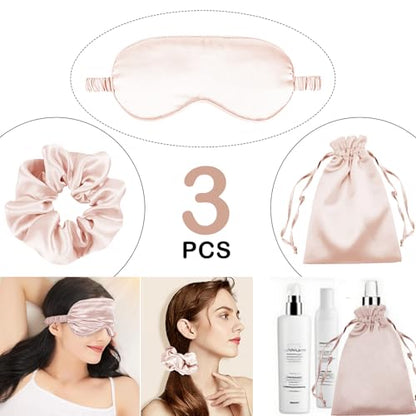 3Pcs Satin Eye Mask Silk Sleep Masks Set Silky Blindfold Eyeshade Blackout Eyes Cover Pouches Bag Scrunchy Wedding Gift - color: Pale Blush