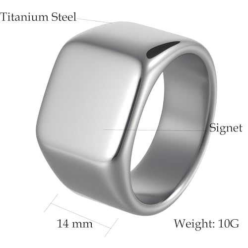 Mens Stainless Steel Plain Signet Rings 4/7/10/14MM Rectangular Pinky Rings | High Polish Classic Blank Thumb Rings, Everyday Comfit Wear, Gift for Men - color: Silver14