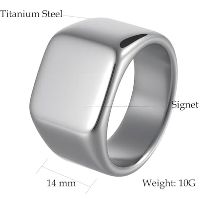 Mens Stainless Steel Plain Signet Rings 4/7/10/14MM Rectangular Pinky Rings | High Polish Classic Blank Thumb Rings, Everyday Comfit Wear, Gift for Men - color: Silver14