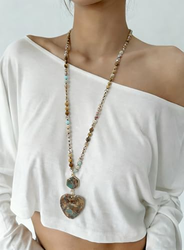 Yomisa Long Necklaces for Women Trendy, 33/34/35 inch | Boho Beaded Necklaces for Women, Natural Stone Pendant, Handmade Knotted Bead, Bohemian Holiday Summer Western Charm Jewelry - color: Love-Beige