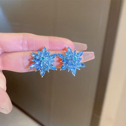 Crystal Flower Burst Stud Earrings Large Big Sparkly CZ Cubic Rhinestone Floral Cluster Flower Stud Earrings Bridal Wedding Party - color: Blue