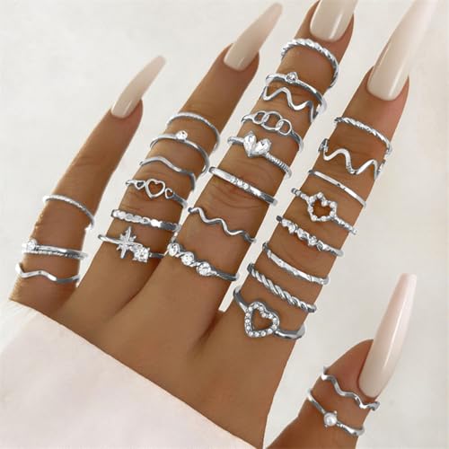 CHICUTIE Gold Knuckle Rings Set For Women Stackable Joint Finger Midi Rings Dainty Cubic Crystal Zirconia Simple Hollow Twist Cute Rings Pack Jewelry Gift - style: 52pcs Silver
