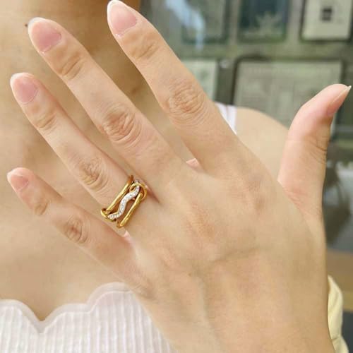 Gold Stackable Rings for Women Non Tarnish, 18k Gold Plated Cubic Zirconia Rings, Silver Multi-Link Connected Knuckle Women Stack Rings Set - color: Gold 2, size: 7