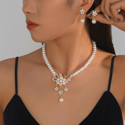 Pearl Necklace and Earring Set for Women,Pearl Jewelry Set Fake Pearls Necklace Imitation Beaded Collar de Perlas Para Mujer Necklaces for Prom Bridesmaid Costume Accessories - color: C-Gold Flower