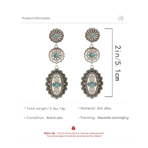 Boho Western Earrings for Women Western Feather Earrings Vintage Concho Turquoise Teardrop Dangle Earrings Country Concert Jewelry Accessories - style: Silver Turquoise Dangle